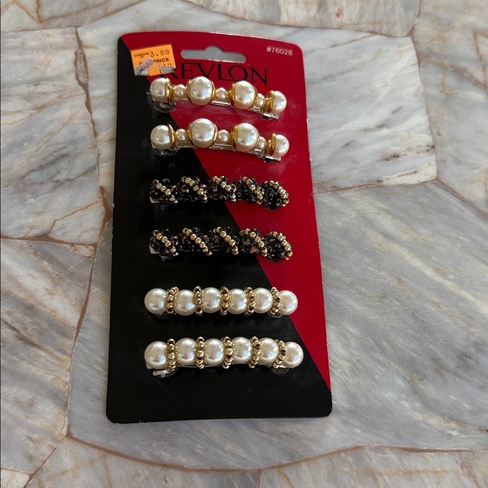 Revlon Pearl and Bead Hair Clip Collection‎ Set of 6 Gold White Black 76028